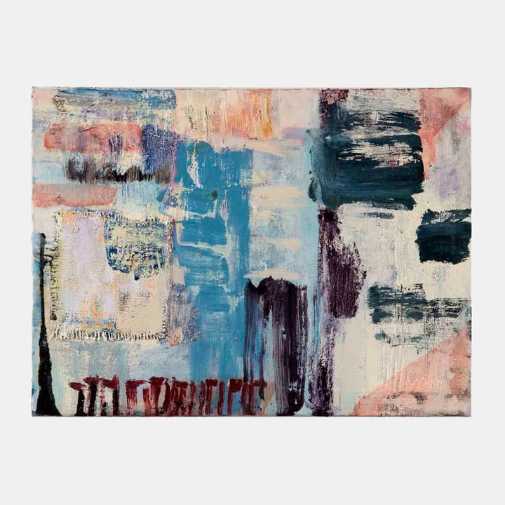 The artwork 'Paros Shadow' by Molly Herman features abstract expressionist brushstrokes in vibrant blues, soft pinks, and deep navy. Textural collage elements blend with oil paint on linen, creating dynamic layers and geometric shapes. Bold vertical strokes contrast with ethereal washes, while distressed fabric adds dimensional depth to the 18x24 composition.