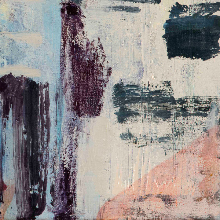 The artwork 'Paros Shadow' by Molly Herman features abstract brushstrokes in deep plum, teal blue, and soft peach tones against a textured ivory linen background. The composition showcases dynamic vertical strokes and layered paint applications, creating a moody atmospheric effect through oil and collage techniques on an 18x24 inch canvas. By Molly Herman.