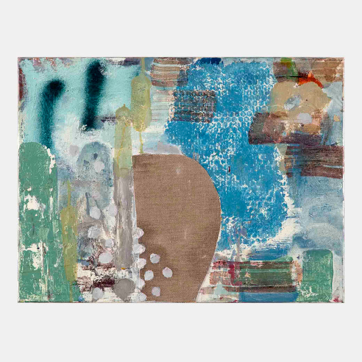 The artwork 'Paros Stone' by Molly Herman features an abstract composition with vibrant turquoise and blue textures contrasting against earthy brown forms. The oil painting on burlap and linen showcases dynamic brushstrokes, splattered effects, and layered elements, creating a sense of movement across sage green and neutral tones. A distinctive curved shape anchors the composition, while textural details add depth and visual interest.