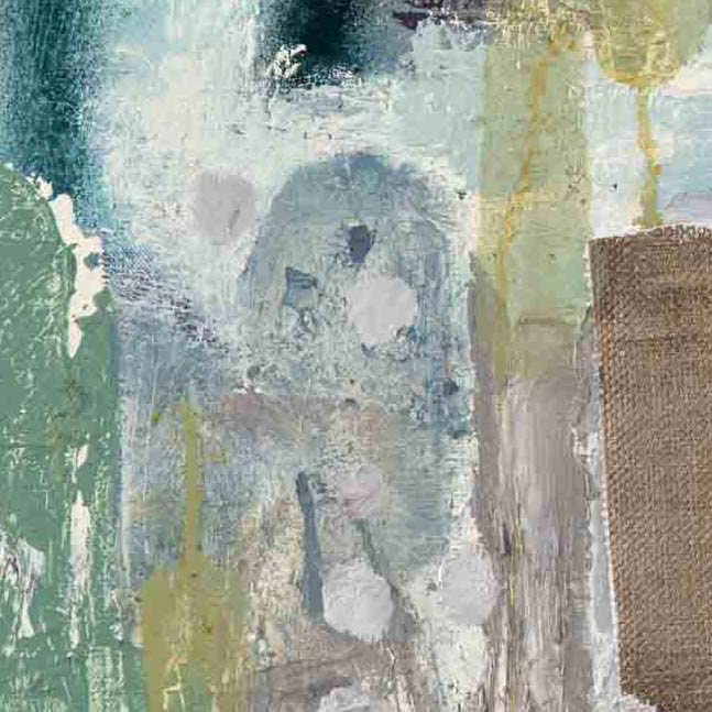 The artwork 'Paros Stone' by Molly Herman features an abstract composition with ethereal turquoise and seafoam green tones blending into soft grays and earthy browns. Textural brushstrokes create a weathered, coastal effect on burlap and linen, with layered paint techniques revealing glimpses of raw canvas. The 18x24 inch oil painting evokes the natural textures and colors of Mediterranean shorelines.