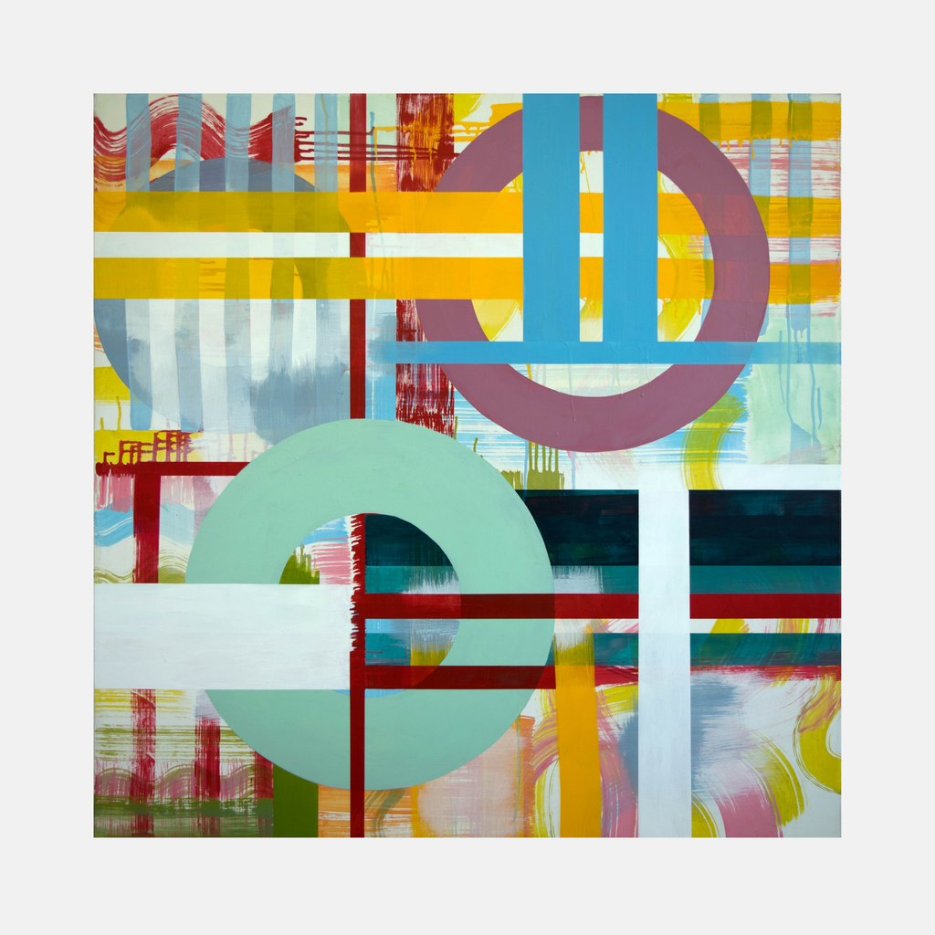 The artwork 'Pass' by Linda Schmidt features bold geometric shapes with intersecting circles and lines in vibrant colors including mint green, yellow, red, and turquoise. The abstract composition creates a dynamic interplay of layered forms on a 40x40 inch acrylic canvas, with translucent effects and striking horizontal elements. - Linda Schmidt