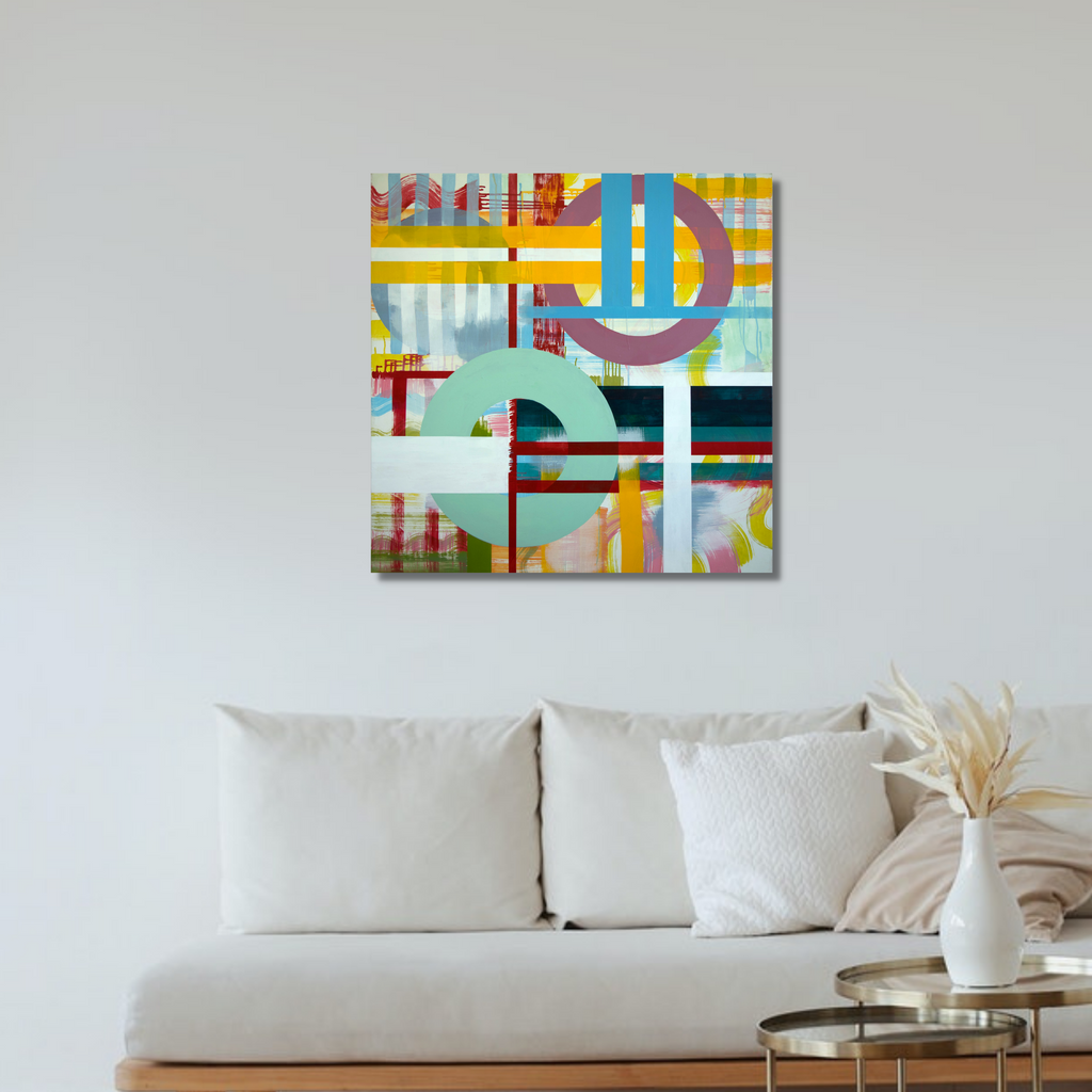 The artwork 'Pass' by Linda Schmidt features geometric abstraction with intersecting lines and shapes in vibrant turquoise, yellow, and red hues. The 40x40 inch acrylic painting showcases a modernist composition with clean edges, layered transparent elements, and architectural forms creating a dynamic visual rhythm against a light background. Fine art by Linda Schmidt.