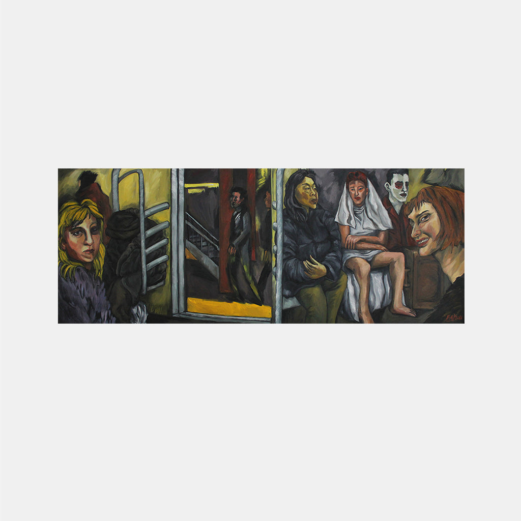 The artwork 'Passengers' by Amanda Ba depicts a panoramic oil painting of figures in a subway car setting. Dark and moody tones dominate the triptych composition, with yellow lighting accents. The expressionist style painting shows commuters seated and standing, rendered in bold brushstrokes against metallic interior details and windows. Created using oil on canvas, measuring 48 x 108 inches. By Amanda Ba.