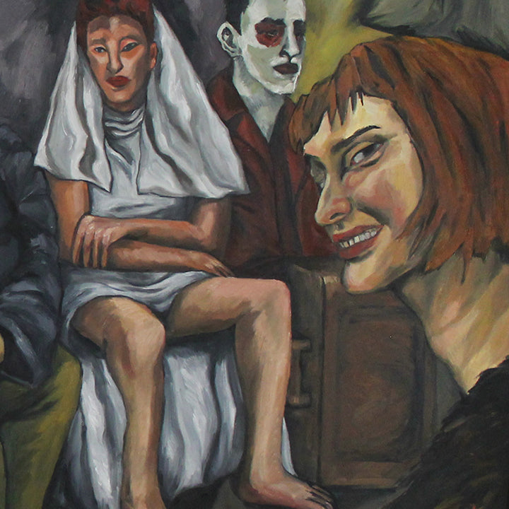 The artwork 'Passengers' depicts three figures in an expressive oil painting style with dramatic contrasts. The composition features muted tones of grey, brown, and olive green, with one figure wearing white garments. The painting employs bold brushstrokes and a moody atmosphere characteristic of contemporary figurative art. Oil on canvas by Amanda Ba.