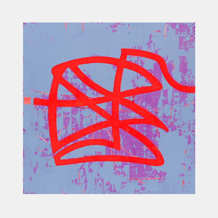 The artwork 'Past and Present' by Mary Didoardo features a bold red geometric abstract symbol against a muted blue-gray background. The design resembles intersecting curved lines forming a segmented shape, with a distressed, textural quality. Oil on wood painting showcases a modern, minimalist aesthetic with contrasting vibrant and subdued colors. By Mary Didoardo.