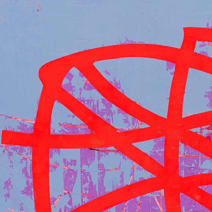 The artwork 'Past and Present' features bold geometric abstraction with vibrant red intersecting lines forming angular patterns against a soft blue background. The oil on wood painting incorporates subtle purple undertones and textural elements, creating a dynamic contemporary composition. Artwork by Mary Didoardo.