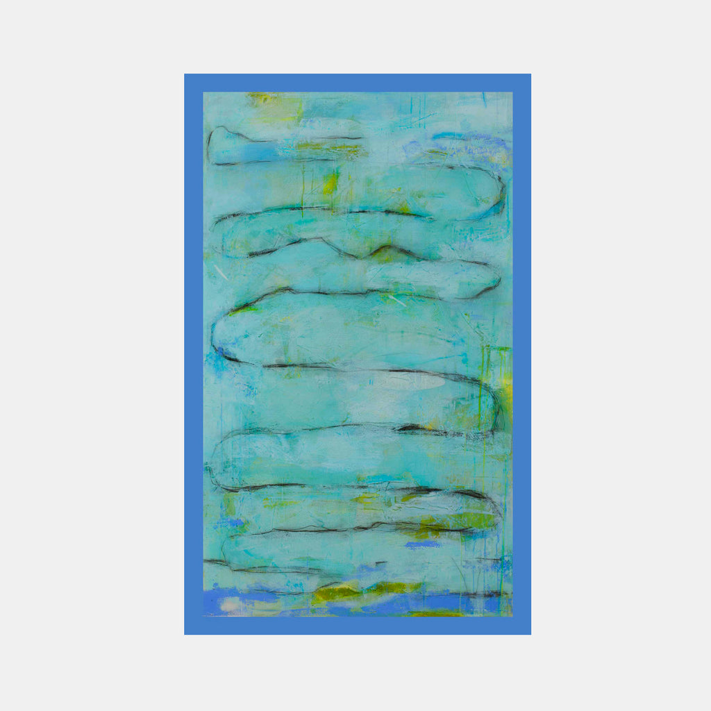 The artwork 'Path to the Sea' by Shira Toren features ethereal layers of aqua and turquoise tones created in Venetian plaster, with fluid horizontal lines suggesting oceanic movement. Subtle yellow-green accents and darker organic curves weave throughout the abstract composition, evoking a serene coastal landscape. 54x34 inches. By Shira Toren.