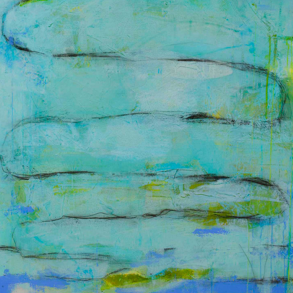 The artwork 'Path to the Sea' by Shira Toren features ethereal layers of aqua and turquoise Venetian plaster, accented with organic chartreuse touches and dark sweeping horizontal lines. The textured abstract composition evokes tranquil ocean waves through its fluid movement and coastal color palette. 54x34 inches, Venetian plaster with pigment by Shira Toren.