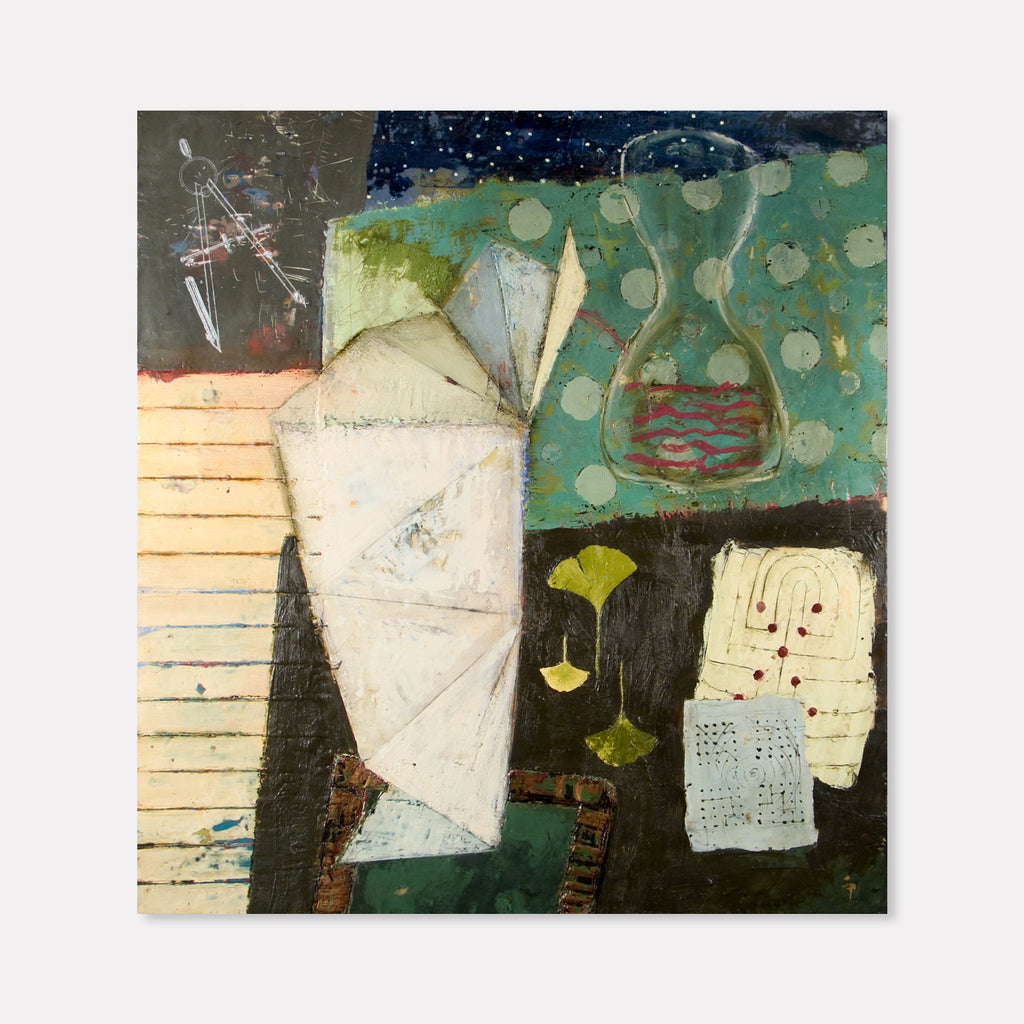 The artwork 'Patterns and Plans' by Karen Nielsen-Fried features an abstract composition with geometric shapes in white, teal, and olive green. The encaustic and oil painting showcases textural elements including circular bubbles, angular forms, and linear patterns on wood panel. Dark contrasting sections balance lighter areas, creating a dynamic mixed media composition.