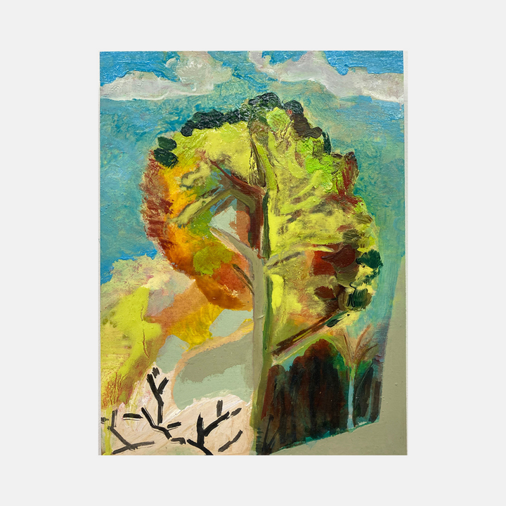 The artwork 'Pear Tree' by Molly Herman features a vibrant expressionist tree against a turquoise sky, rendered in oil and waterbased pigment on linen. The tree's foliage displays dynamic brushstrokes in chartreuse, amber, and olive tones, while bare branches emerge beneath in stark black strokes, creating a striking contrast. 12x9 inches. By Molly Herman.