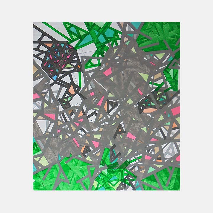 The artwork 'Pelhaam Bayy Parkk' by Philippe Halaburda features an abstract geometric composition with intersecting angular shapes in vibrant green, gray, and pink tones. Sharp triangular patterns create a dynamic maze-like structure, with emerald green elements framing the corners against a neutral gray center. Acrylic on canvas by Philippe Halaburda.