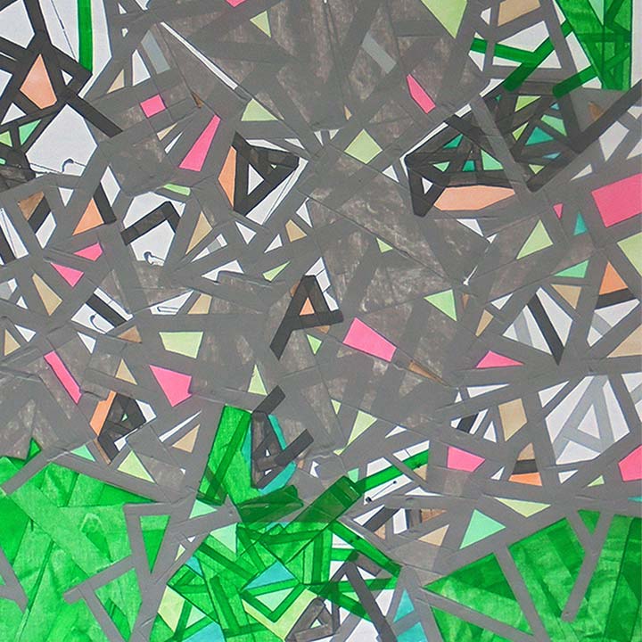 The artwork 'Pelhaam Bayy Parkk' by Philippe Halaburda features an abstract geometric composition with intersecting angular shapes. A dynamic network of triangular forms in vibrant emerald green dominates the lower portion, while the upper section showcases a kaleidoscopic pattern of gray fragments accented with soft pink, peach, and mint green elements. Created in acrylic on canvas, 24x20 inches by Philippe Halaburda.