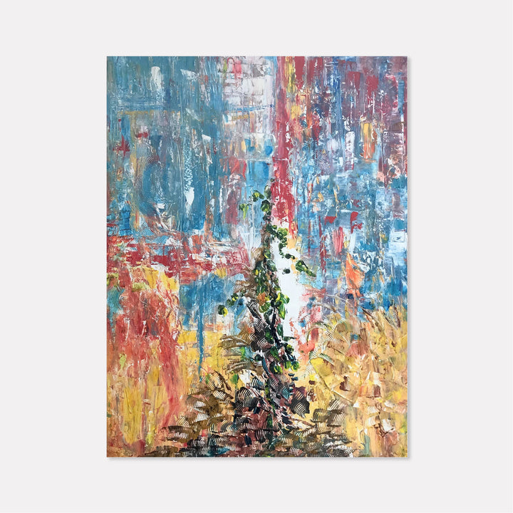The artwork 'Perseverance' by Rita BasuMallick features a dynamic abstract composition with a prominent evergreen tree emerging from a textured background. Bold strokes of turquoise blue dominate the upper canvas, while warm coral reds and golden yellows create a vibrant base. The impasto technique creates depth through layered oil paint, expressing a raw, emotive energy. 24x18 inches, oil on canvas.