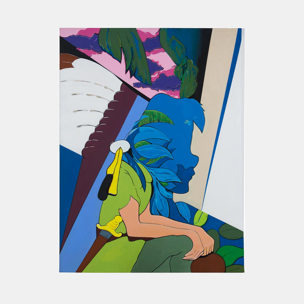 The artwork 'Peter Pan' by Ellannah Sadkin features bold geometric shapes in vibrant colors, depicting a silhouetted figure with blue hair against a tropical backdrop. Palm trees, pink clouds, and striking angular forms create a modernist interpretation in acrylic, with a distinctive faceless character composition characteristic of the Toonology series.