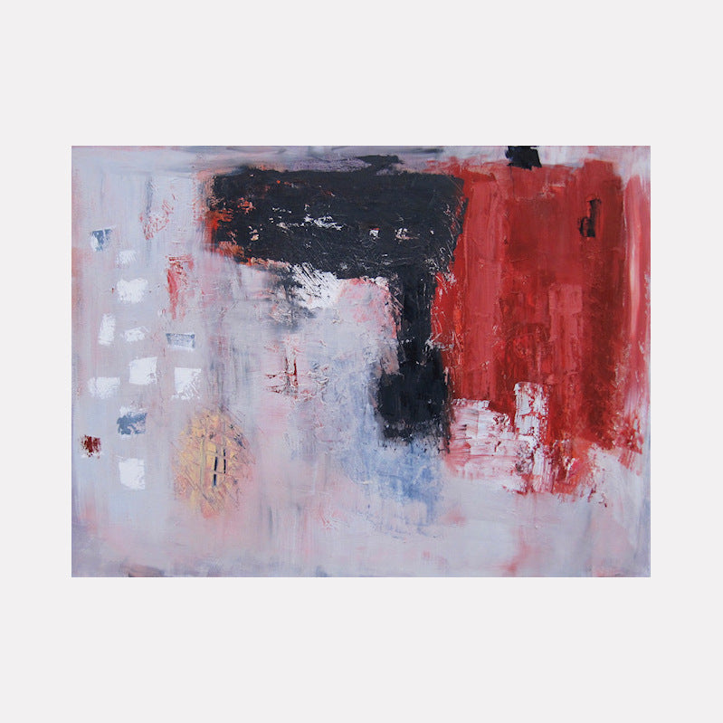 The artwork 'Patches of Sunlessness' features bold abstract expressionist strokes in contrasting red and black against a misty white background. The composition shows dynamic brushwork with textural elements, creating a powerful interplay of light and shadow through layered acrylic paint. The piece evokes a sense of tension and movement by Petra Nimtz.