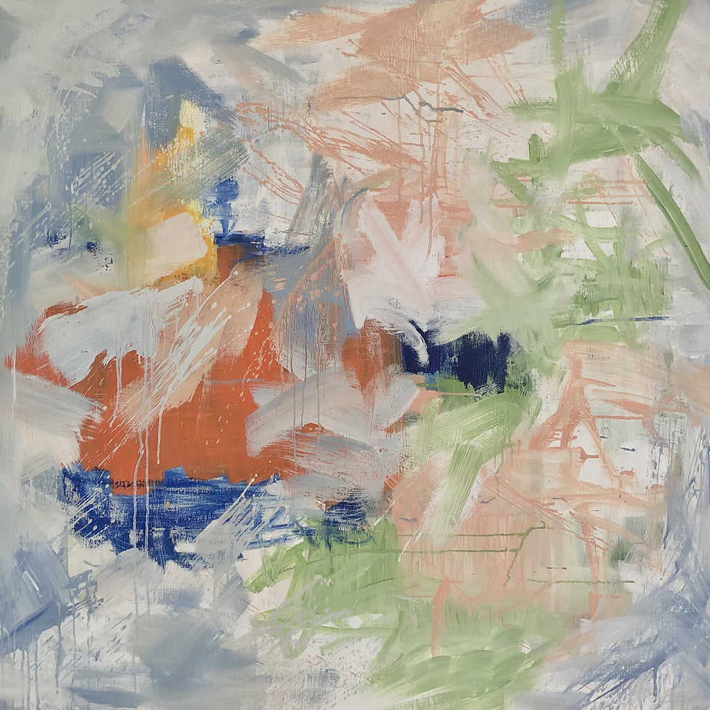 The artwork 'Girls in Peacetimes Want to Dance' by Petra Nimtz features an abstract expressionist composition with dynamic brushstrokes in coral, sage green, and navy blue hues. The oil on linen painting showcases gestural movements and layered textures, creating an ethereal atmosphere with spontaneous paint drips and expressive mark-making.