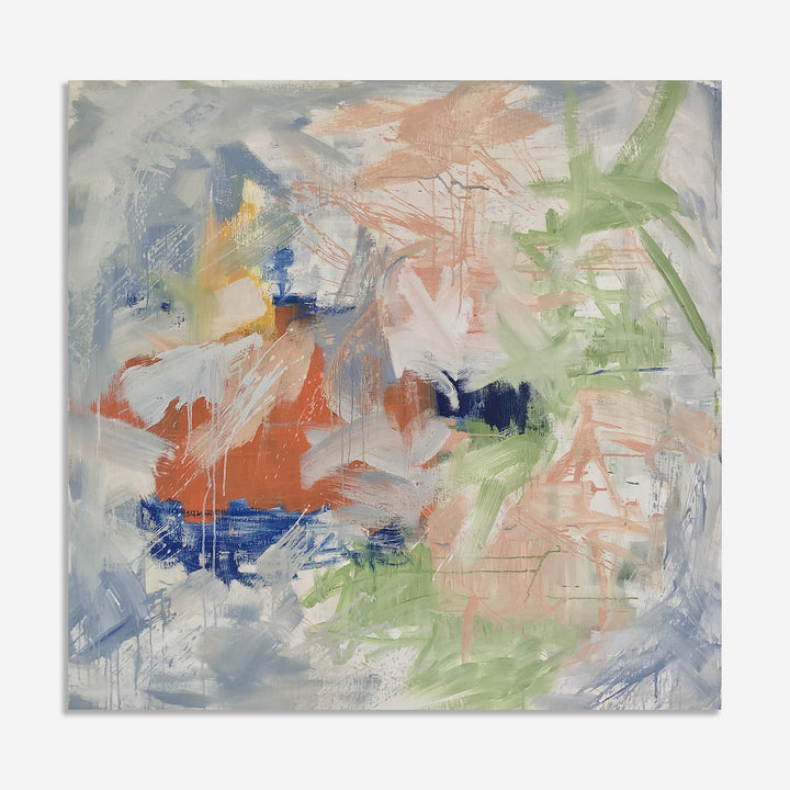 The artwork 'Girls in Peacetimes Want to Dance' features dynamic brushstrokes in coral, navy blue, and sage green against a misty white background. Abstract expressionist composition with gestural marks and layered paint creates a sense of movement and emotional depth on linen canvas. By Petra Nimtz.