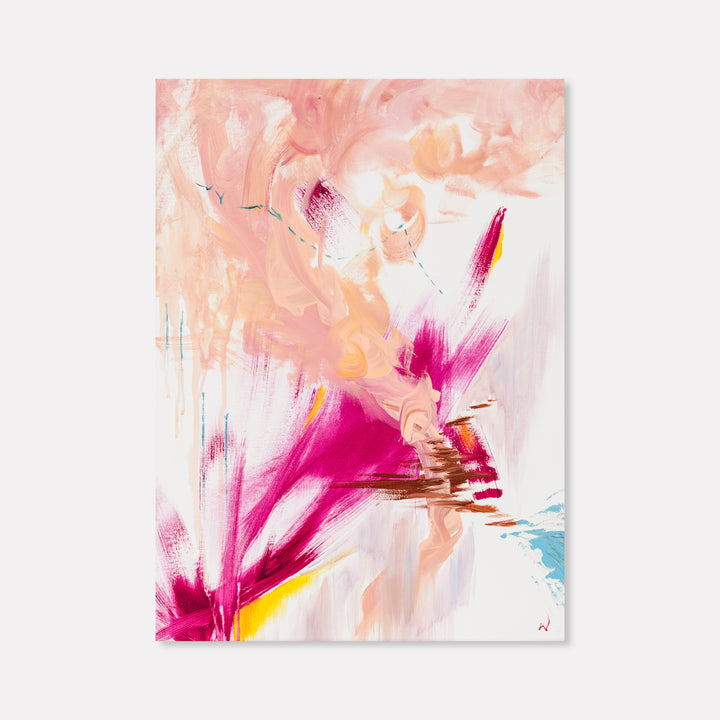 The artwork 'Phoenix Dreams' by W Lu features dynamic brushstrokes in vibrant magenta and peach tones against a white canvas. Abstract splashes and sweeping gestures create movement, with bold pink accents resembling wings or flames bursting upward. Delicate blue touches and golden highlights add depth to this 22x16 inch acrylic painting.