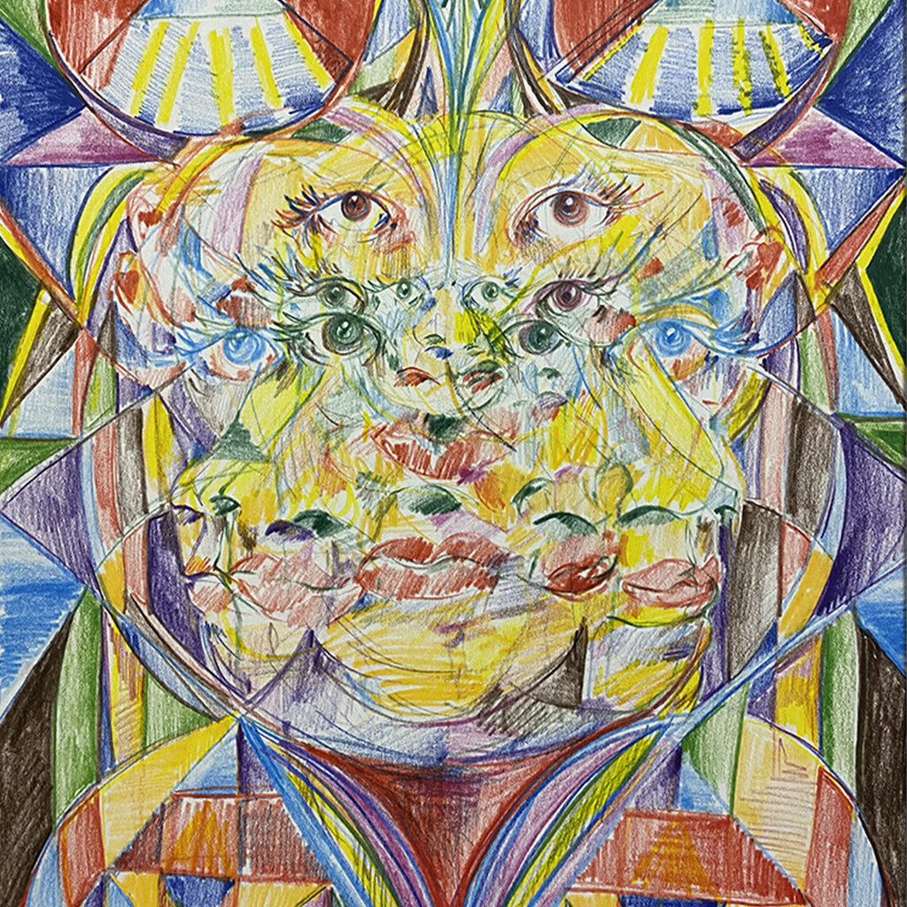 The artwork 'Pinata' by Chancy Glance features a kaleidoscopic colored pencil drawing with geometric shapes and vibrant hues. Multiple abstract circles and triangular patterns create a symmetrical composition in blues, yellows, and greens. Bold lines intersect throughout, creating a dynamic and fragmented appearance. The striking artwork is rendered on high-quality paper with intricate layered details and prismatic effects.