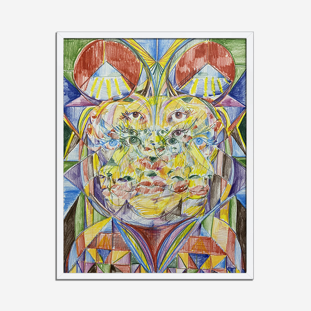 The artwork 'Pinata' by Chancy Glance features a kaleidoscopic geometric composition with vibrant colored pencil work. Abstract triangular patterns in blues, yellows, and reds create a symmetrical design around a central facial form. The piece showcases intricate line work and dynamic color transitions, rendered on high-quality paper with precise detail and angular shapes creating a stained-glass effect.