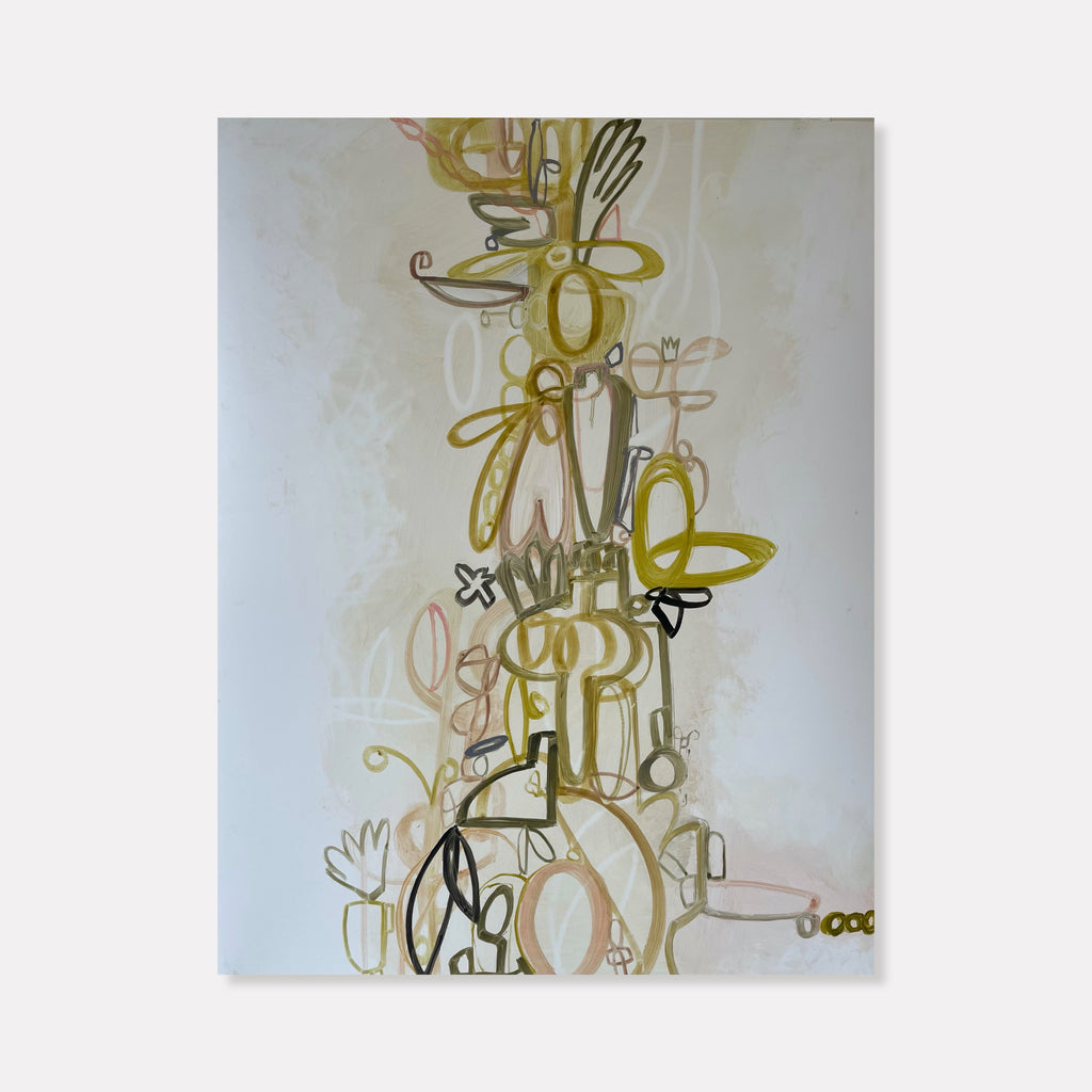 The artwork 'Pink Heart' by Janice La Motta features abstract linear compositions in mustard yellow, black, and pale pink against a soft ivory background. Graceful calligraphic lines interweave to create flowing organic forms, with delicate loops and curves ascending vertically on Yupo paper. The oil painting combines gestural brushwork with precise linear elements in a 26x20 inch format. By Janice La Motta.