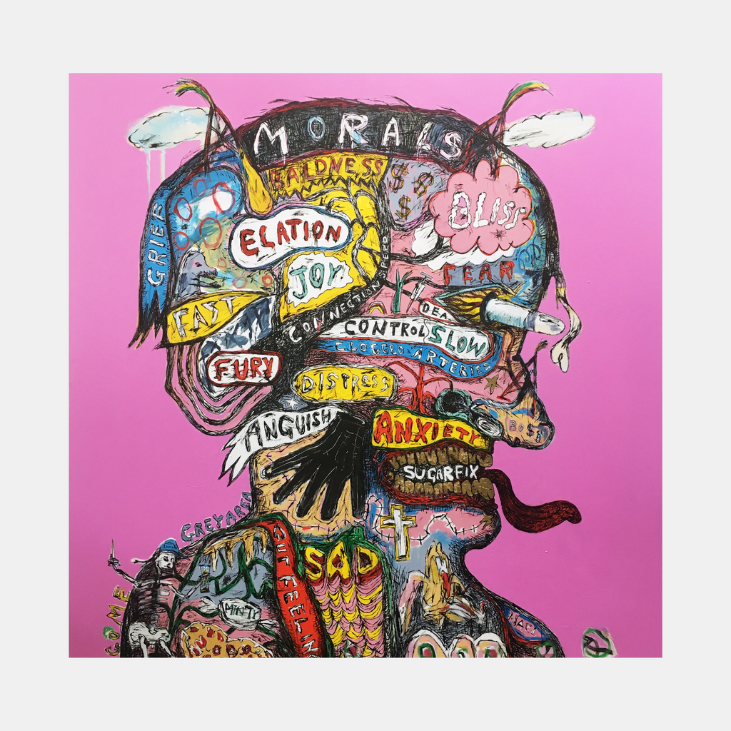 The artwork 'Pink Phrenologist' by Andrew Chan features a vibrant side profile silhouette filled with colorful text bubbles and emotional words against a pink background. The illustration combines graffiti-style lettering with anatomical art, depicting various mental states and emotions in a modern phrenological map. Created in acrylic on canvas, the 50x50 inch piece showcases expressive typography and bold linework. By Andrew Chan.