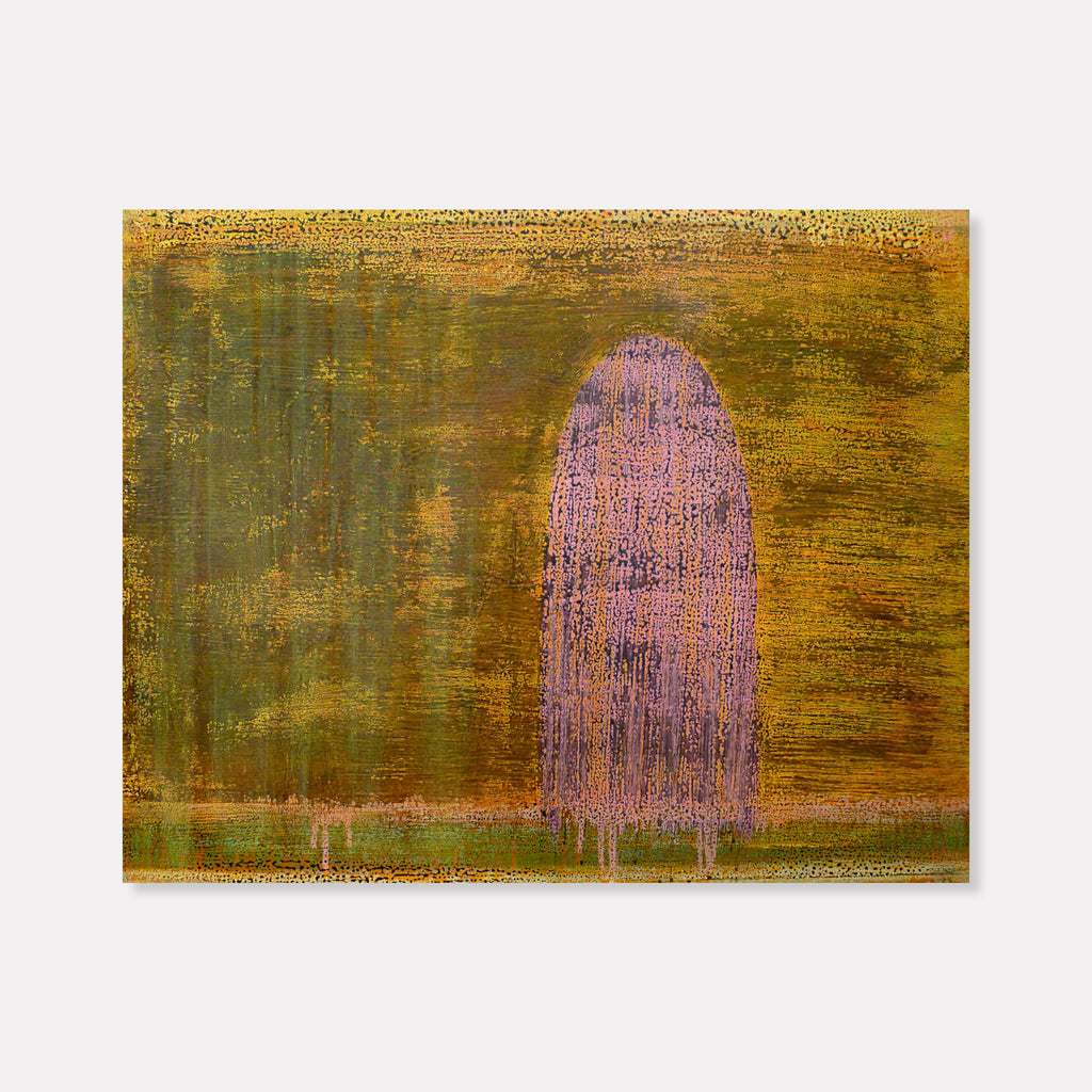 The artwork 'Pink Votive' by Suejin Jo features a distinctive pink vertical form rising against a richly textured olive-green and golden background. The abstract composition combines oil and acrylic techniques, creating a contemplative interplay between the ethereal pink shape and the earthy atmospheric backdrop, measuring 24 x 30 inches. By Suejin Jo.