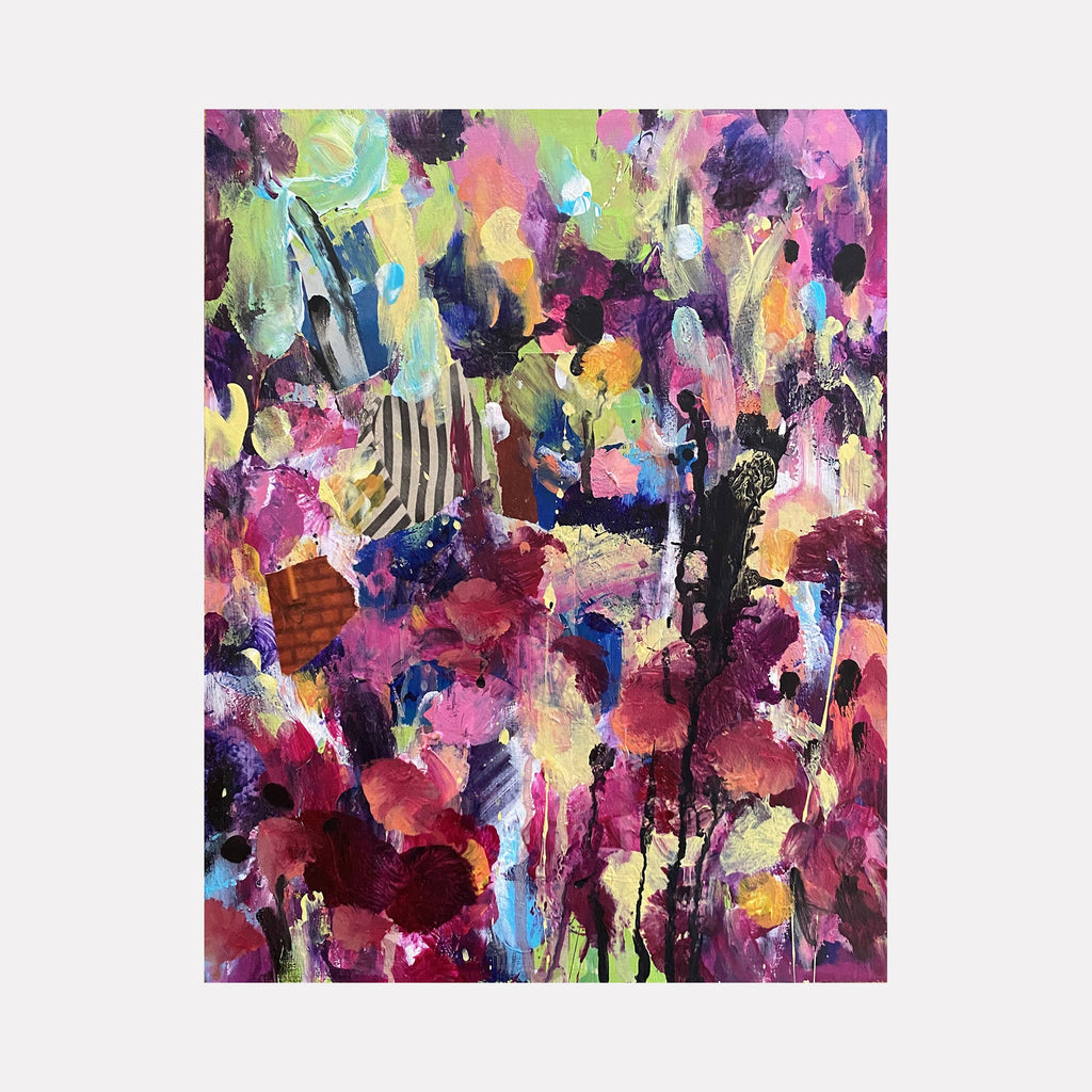 The artwork 'Pink and Green' by Kevin McGoff features vibrant abstract expressionism with dynamic brushstrokes in deep magentas, lime greens, and royal purples. Energetic drips and textural elements create a garden-like atmosphere, while bold splashes of yellow and blue add depth. Mixed media on cradled wood panel showcases expressive layering and spontaneous movement.