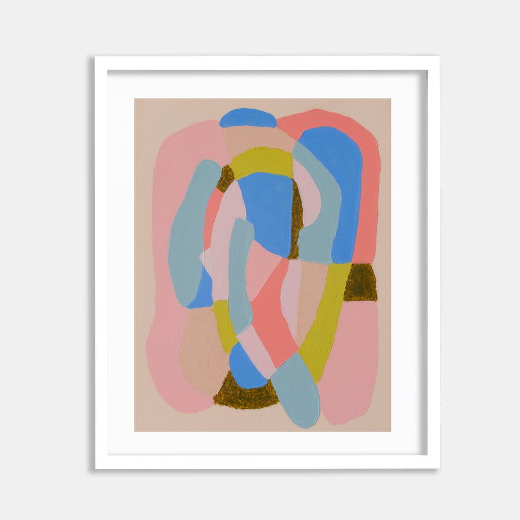 The artwork 'Pink on Pink on Pink' by Alicia Little features abstract curved shapes in soft pink, blue, and chartreuse colors against a neutral beige background. Oil and oil pastel strokes create fluid, interlocking forms with subtle texture variations. Gold-brown accents complement the pastel palette in this contemporary minimalist composition.