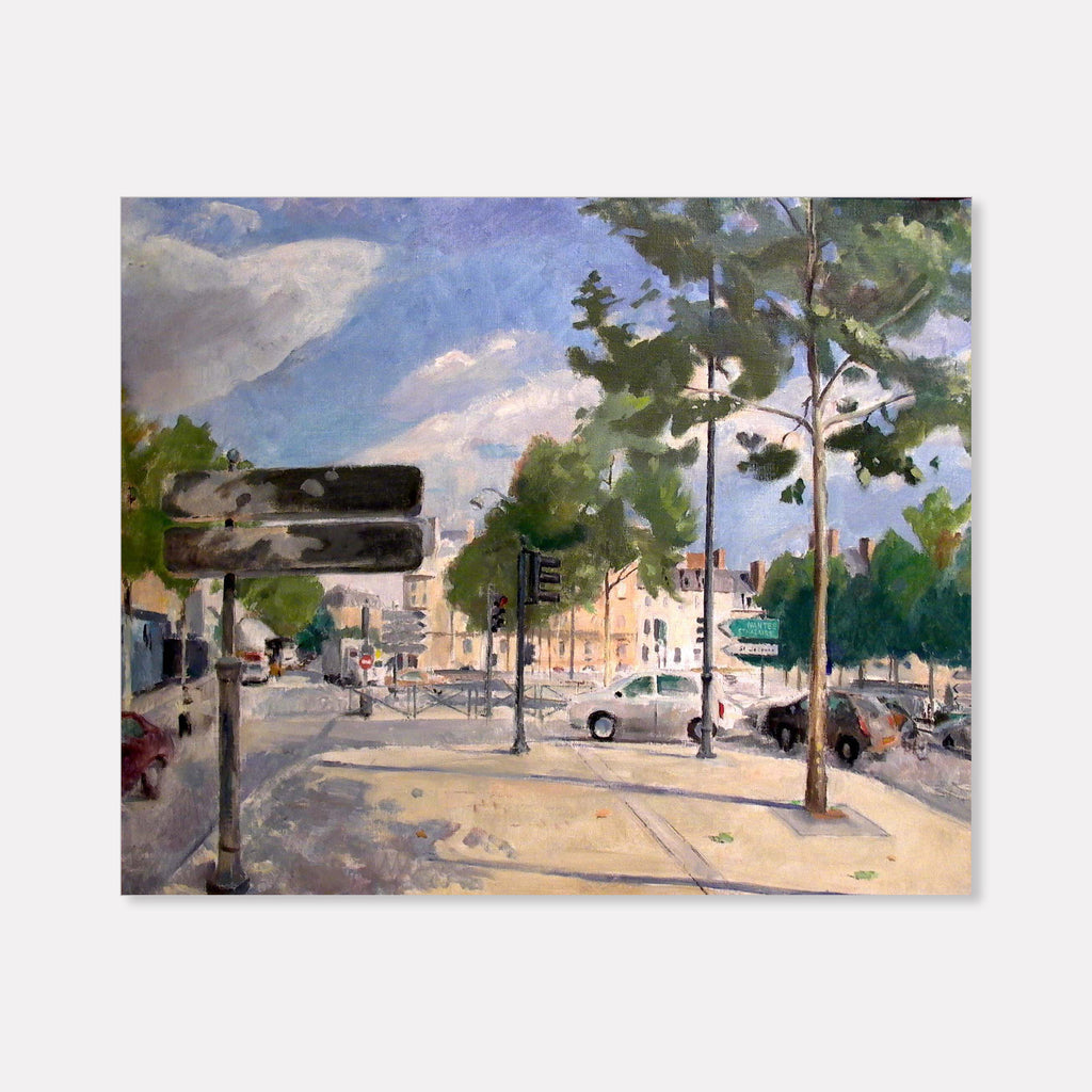 The artwork 'Place de Bretagne' by Peter Colquhoun captures a vibrant urban street scene in oil on linen, featuring sun-drenched buildings, parked cars, and tall trees casting dappled shadows. The composition blends impressionistic brushwork with contemporary urban elements, rendered in a palette of blues, greens, and warm yellows under a dynamic summer sky with billowing clouds.