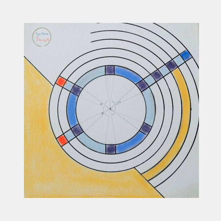 The artwork 'Plaisir' by Gauthier Denoyelle features concentric circles with geometric color blocks in blue, red, purple, and yellow. The composition centers on a light gray circle surrounded by radiating rings, creating a modern minimalist design. A warm yellow triangle fills the bottom left corner, contrasting with the cool gray background. Created with marker, crayon and pencil on 10x10 inch canvas.