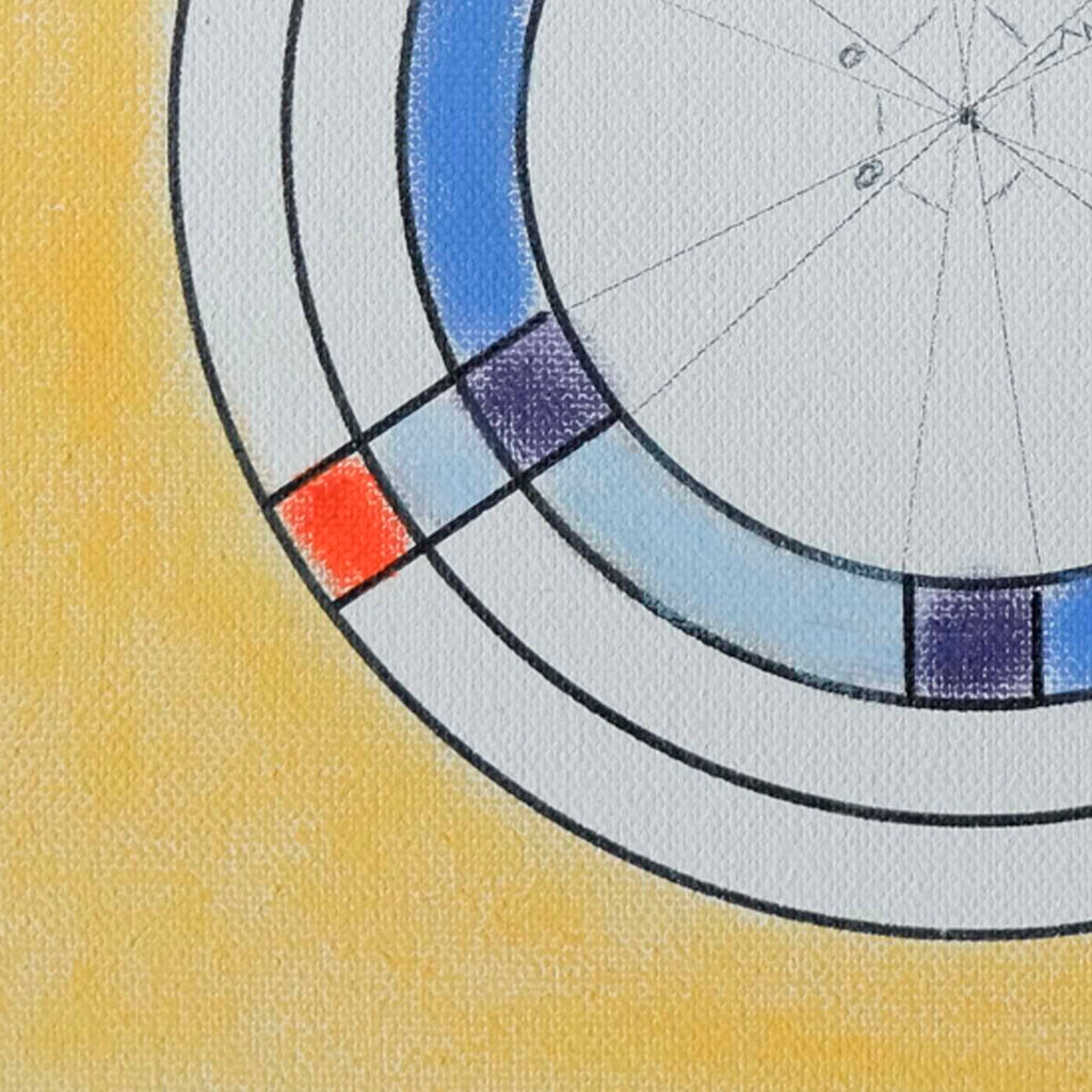 The artwork 'Plaisir' by Gauthier Denoyelle features geometric circular arcs with bold black outlines on stretched canvas. A vibrant yellow background contrasts with segments of blue, purple, and red within the curved lines. The composition combines precise marker work with textured crayon elements, creating a minimalist yet dynamic abstract design.