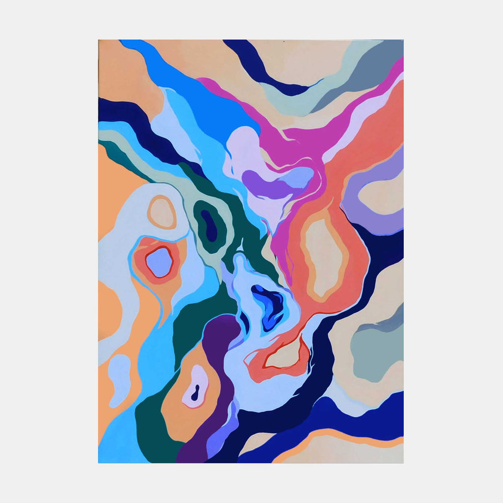 The artwork 'Planet X' by Ellannah Sadkin features fluid, abstract waves in vibrant colors including deep blues, coral pinks, forest greens, and soft lavenders. The organic flowing forms create a psychedelic topographic pattern on rectangular canvas, painted in acrylic with smooth color transitions and bold contrasts.