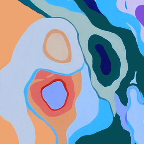 The artwork 'Planet X' by Ellannah Sadkin features organic flowing shapes in a harmonious blend of coral, teal, light blue, and white. Abstract curves create a topographical map-like pattern, with distinct color blocks swirling across the rectangular canvas, evoking an otherworldly landscape painted in acrylic.