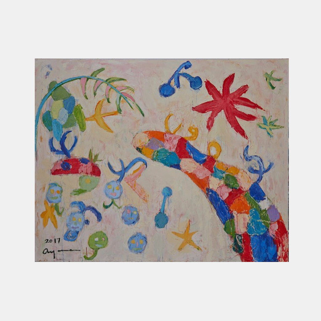 The artwork 'Playground in Barcelona' depicts a vibrant abstract composition with playful elements including a curved rainbow-colored arc, scattered blue musical notes, red and yellow stars, and green leaf-like shapes against a soft beige background. The oil painting features energetic brushstrokes and a whimsical, childlike style by Ayane Kurai.
