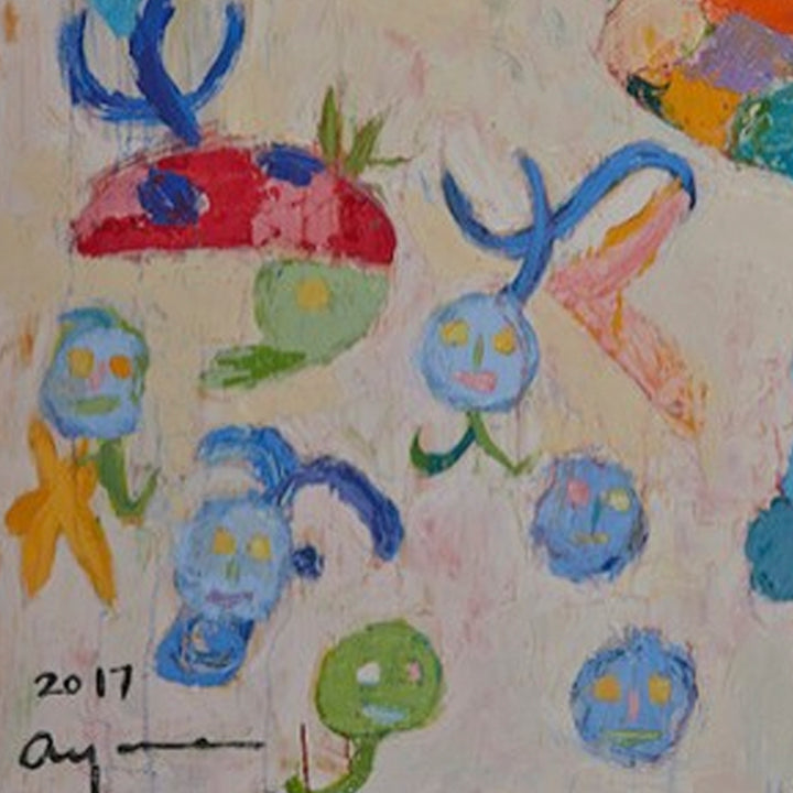 The artwork 'Playground in Barcelona' by Ayane Kurai features whimsical, childlike figures in blue, green, and red hues painted with expressive brushstrokes on a light background. Abstract circular shapes with simple facial features create a playful, dreamlike composition. Oil on canvas artwork showcasing a modern, naive art style with vibrant color palette and loose brushwork. By Ayane Kurai.