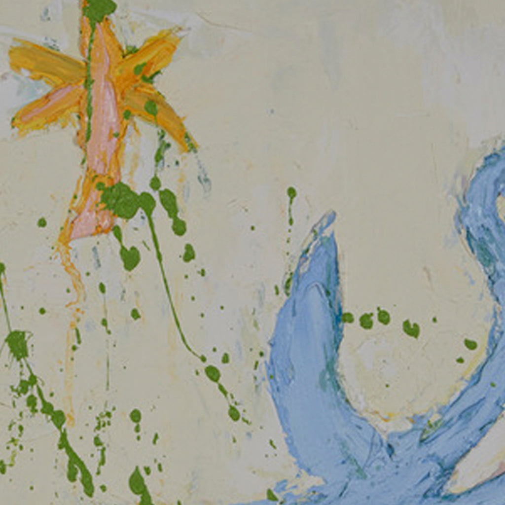 The artwork 'Playground in Barcelona with a Bird and a Star' by Ayane Kurai features an abstract composition with a golden-yellow star form at the top and a light blue bird-like shape below, connected by splattered green paint drops on an off-white canvas. The oil painting demonstrates expressive brushwork and a playful, dynamic style. Oil on canvas, 20x16 inches.