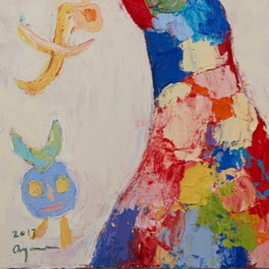 The artwork 'Playground in Barcelona with a Moon' by Ayane Kurai features an abstract composition with vibrant impasto brushstrokes. A whimsical blue figure resembling a playful character appears alongside flowing curves in warm yellows and oranges. Bold patches of red, blue, and yellow create a dynamic diagonal sweep against a soft cream background. Oil on canvas artwork showcases textural paint application and expressive color interplay.