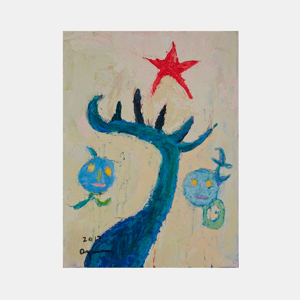 The artwork 'Playground in Barcelona with a Star and a Plant' by Ayane Kurai features a whimsical oil painting composition with a bold blue abstract tree-like form reaching toward a vibrant red star. Two playful blue spherical shapes resembling plants or flowers appear on either side of the central form, set against a textured cream background.