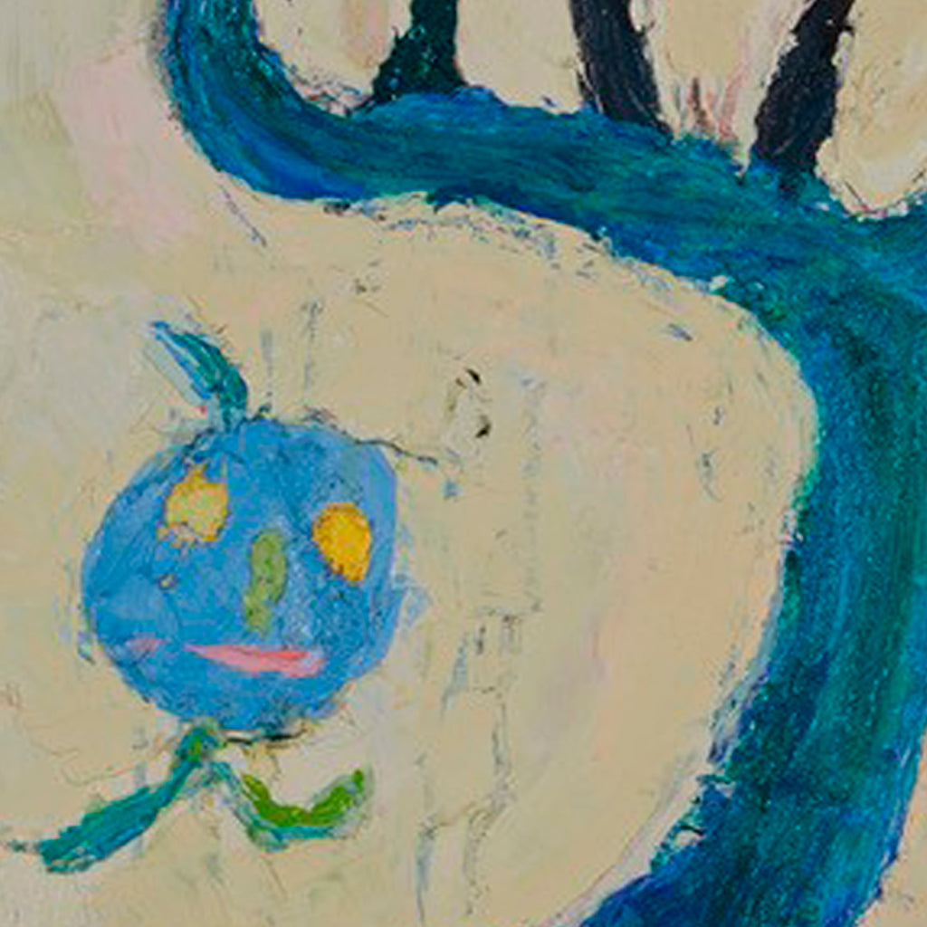 The artwork 'Playground in Barcelona with a Star and a Plant' features a whimsical blue figure with yellow star-like eyes and a pink smile against a cream background. Bold turquoise brushstrokes create an abstract tree-like form, rendered in expressive oil painting style on canvas, capturing a playful and dreamlike atmosphere. By Ayane Kurai.