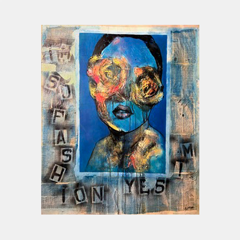 The artwork 'Point of View' features abstract expressionist composition with textured collage elements against a weathered background. Vibrant blues contrast with warm orange and gold tones in the central area. Text elements appear along the edges in distressed lettering. Mixed media techniques blend acrylics with layered materials on canvas. By Esteban Jimenez Guerra.