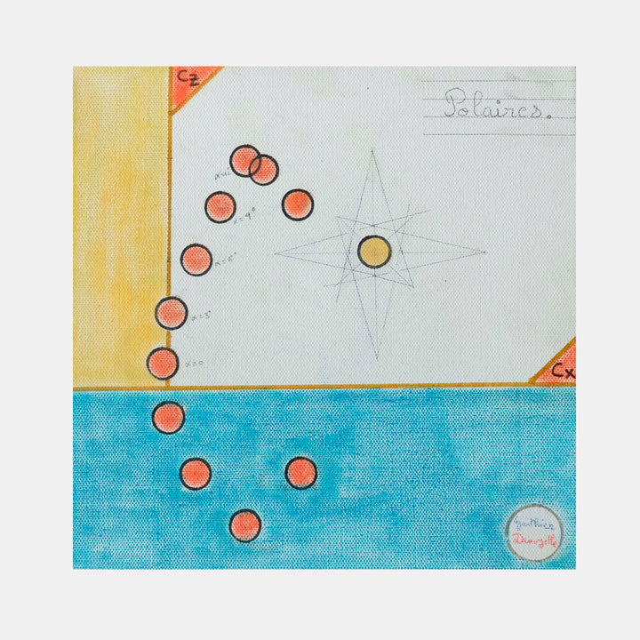 The artwork 'Polaires' by Gauthier Denoyelle features a minimalist composition on stretched canvas, divided horizontally with a pale yellow-white upper half and vibrant turquoise lower section. Coral-pink circular dots form a curved path across both sections, complemented by a geometric compass star in gray pencil with a golden center. Created with marker, crayon and pencil by Gauthier Denoyelle.