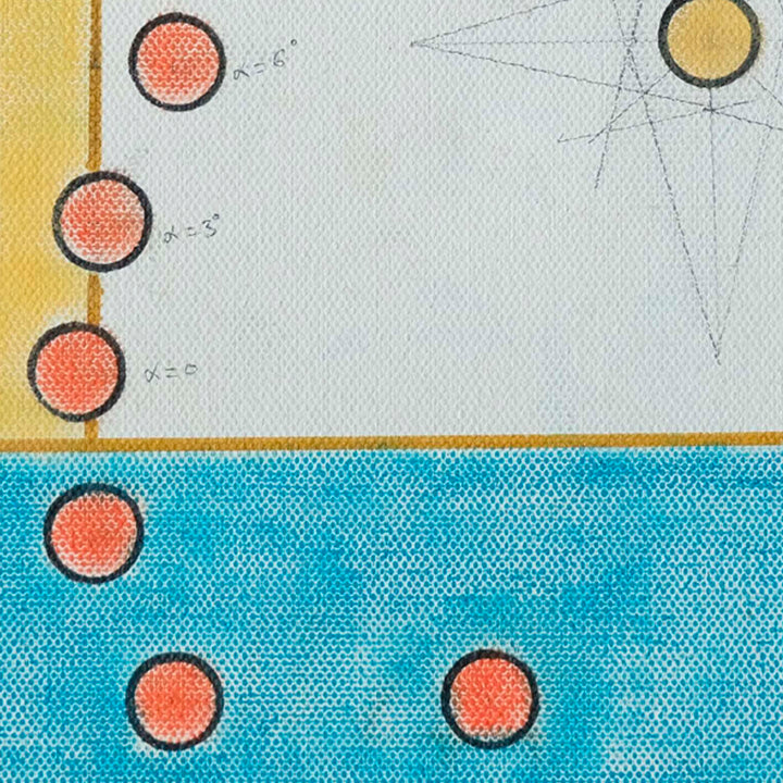 The artwork 'Polaires' by Gauthier Denoyelle features a minimalist geometric composition with coral-pink circles outlined in black, set against a split background of white and vibrant turquoise. Faint pencil lines and numerical notations create subtle architectural elements, while yellow accents frame the upper portion, showcasing marker and crayon techniques on canvas.