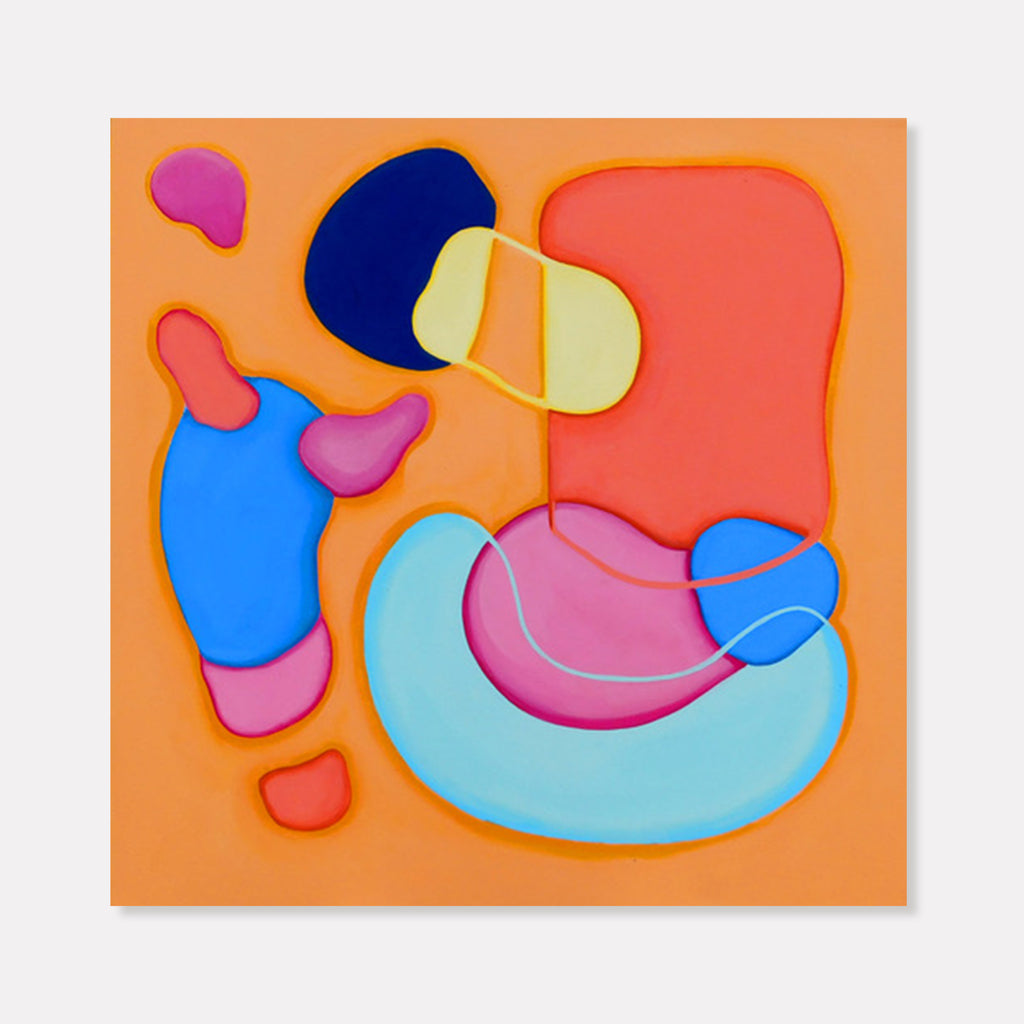 The artwork 'Pop' by Ellannah Sadkin features vibrant abstract organic shapes on an orange background. Bold curved forms in navy blue, coral red, sky blue, and soft yellow create a playful composition. The acrylic painting on canvas showcases smooth, clean edges and harmonious color blocking, presenting a modern pop art aesthetic. 24x24 inches by Ellannah Sadkin.