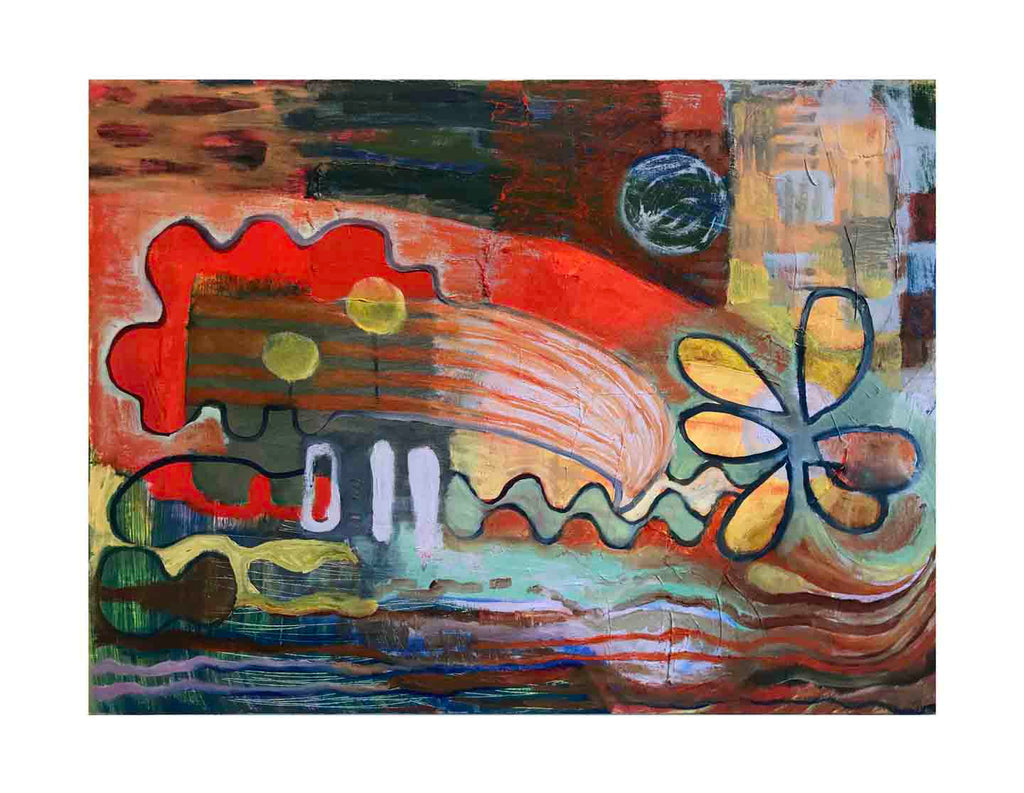 The artwork 'Portuguese Voyage' features abstract organic shapes with vibrant reds and oranges flowing across the canvas, complemented by deep greens and blues. A prominent yellow flower form and wave-like patterns create a dynamic, dreamlike composition, expressing movement through bold brushstrokes and textured oil paint. By Cecilia Andre.