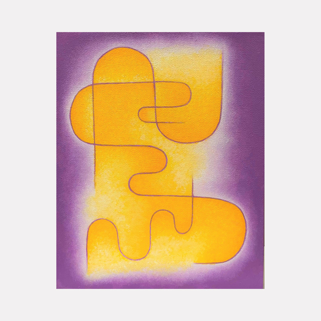 The artwork 'I'll write home every day' by Joe Piscopia features abstract geometric shapes in vibrant yellow against a purple background. The composition shows interconnected curved lines forming a continuous flowing pattern, creating a modernist design. The acrylic painting on canvas displays a soft glow effect around the yellow forms, creating depth and dimension.