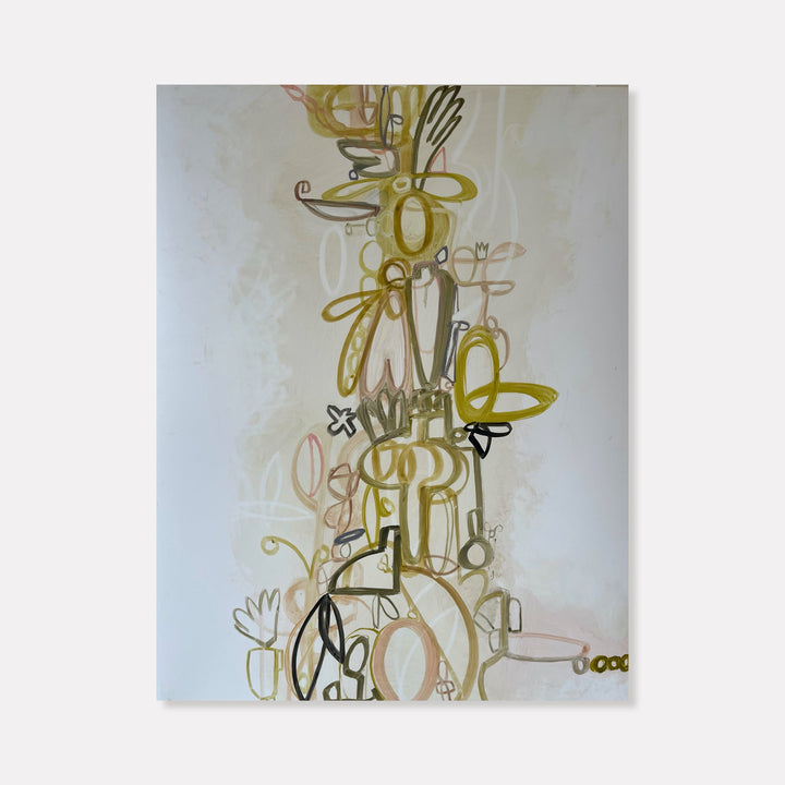 The artwork 'Pink Heart' by Janice La Motta features an abstract composition with flowing linear elements in gold, black, and soft pink against a creamy white background. The gestural marks create an organic vertical structure, suggesting movement and rhythm through interweaving curved lines and loose geometric forms. 26x20 inches print by Janice La Motta.