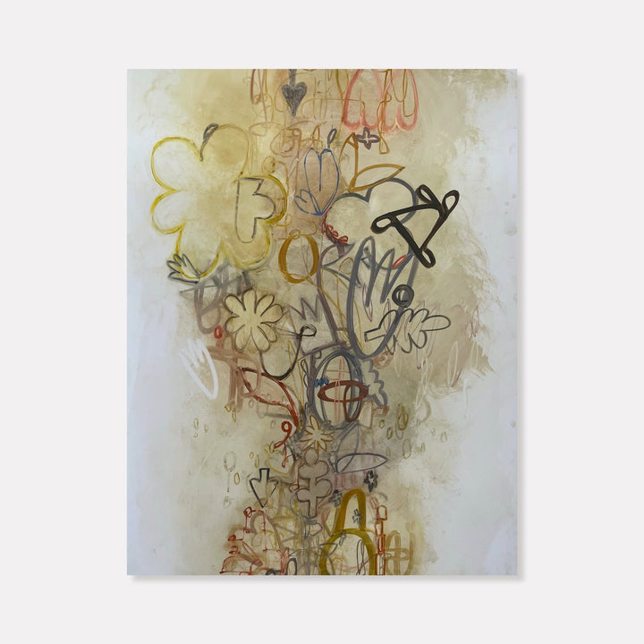 The artwork 'Rebma' by Janice La Motta features abstract floral elements and calligraphic lines in muted earthy tones of yellow, brown, and grey. The composition shows delicate botanical forms with flowing script-like marks creating a dreamy, ethereal quality against a soft beige background. The 26x20 inch print combines gestural drawing with organic shapes suggestive of flowers and vines.