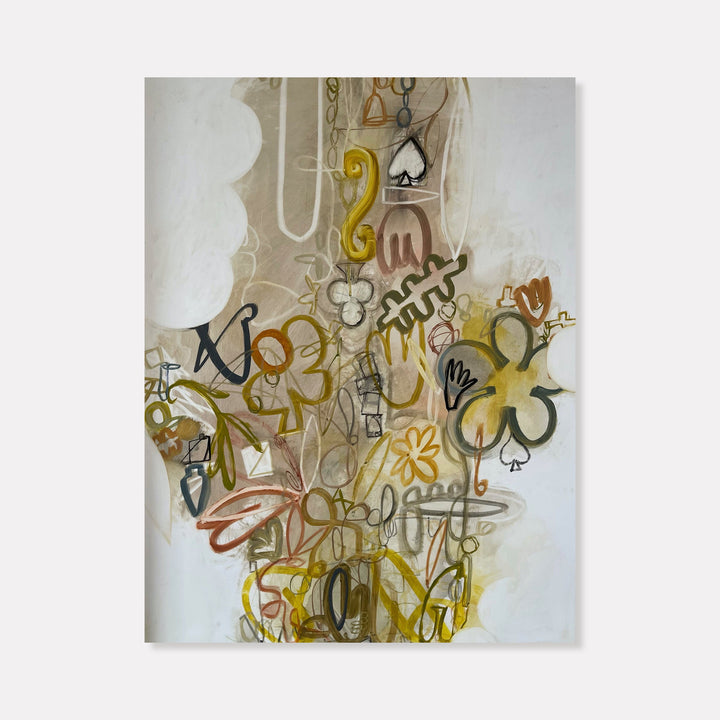 The artwork 'Score' by Janice La Motta features abstract playing card symbols and fluid shapes in muted gold, brown, and black tones against a light background. The composition flows vertically with intertwining spade symbols, curvilinear forms, and gestural marks creating a dynamic, musical-like arrangement, printed at 26 x 20 inches by Janice La Motta.