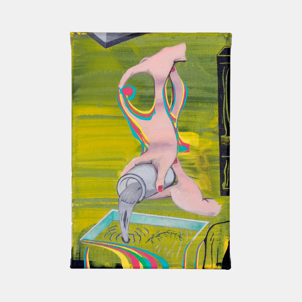 The artwork 'Pouring Grey' by Christian Perdix depicts an abstract figure pouring a silvery liquid into a rectangular container against a vibrant lime-green background. The composition features fluid lines and bold colors, with pink, turquoise, and rainbow-like accents creating dynamic movement. Oil on cotton, the painting combines contemporary pop art style with surrealist elements in a 12x7.8 inch format.